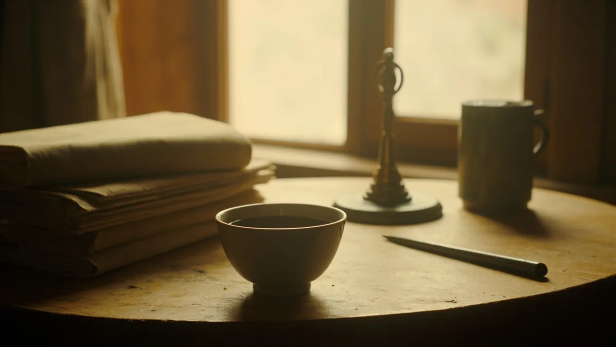 A quiet sandstone editorial desk with unmarked notebooks and a ceramic cup