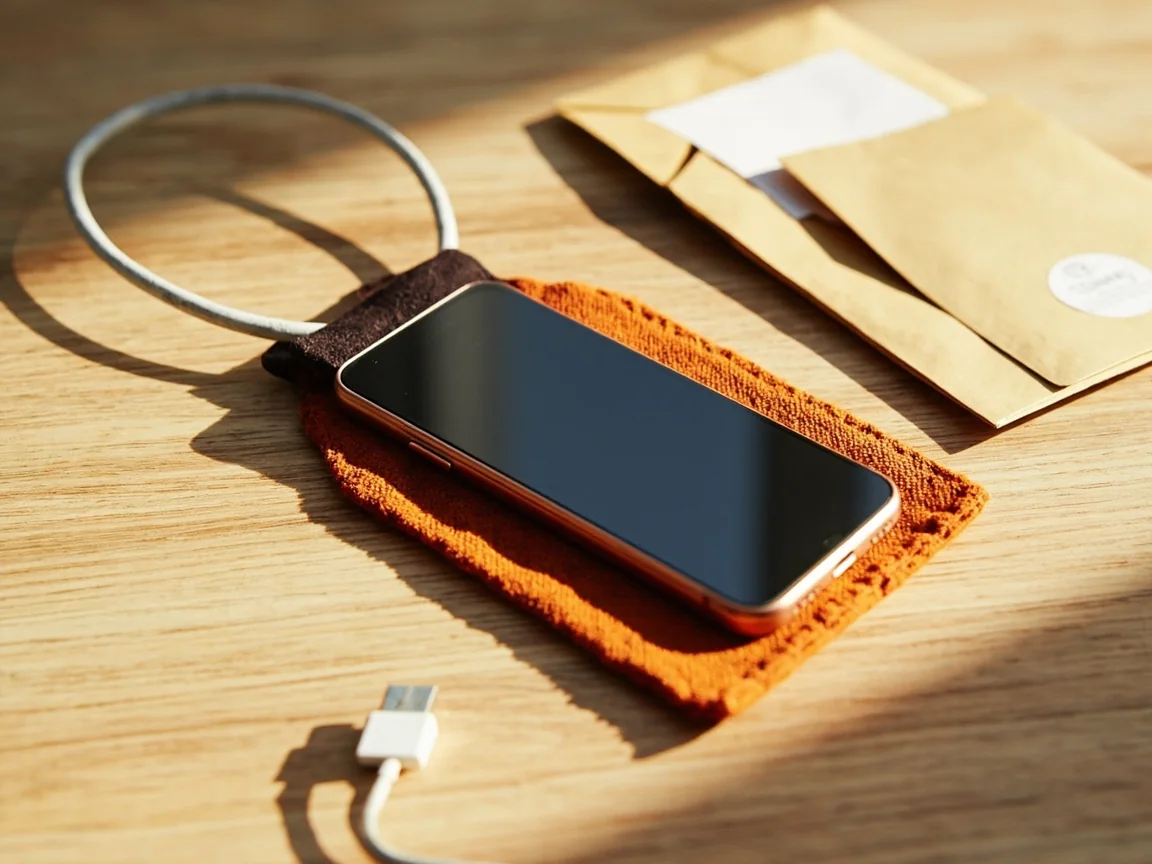 A phone on a terracotta cloth sleeve next to an unplugged cable