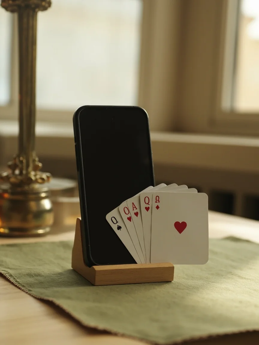 A dark unlit phone standing in a wooden desk stand beside facedown cards