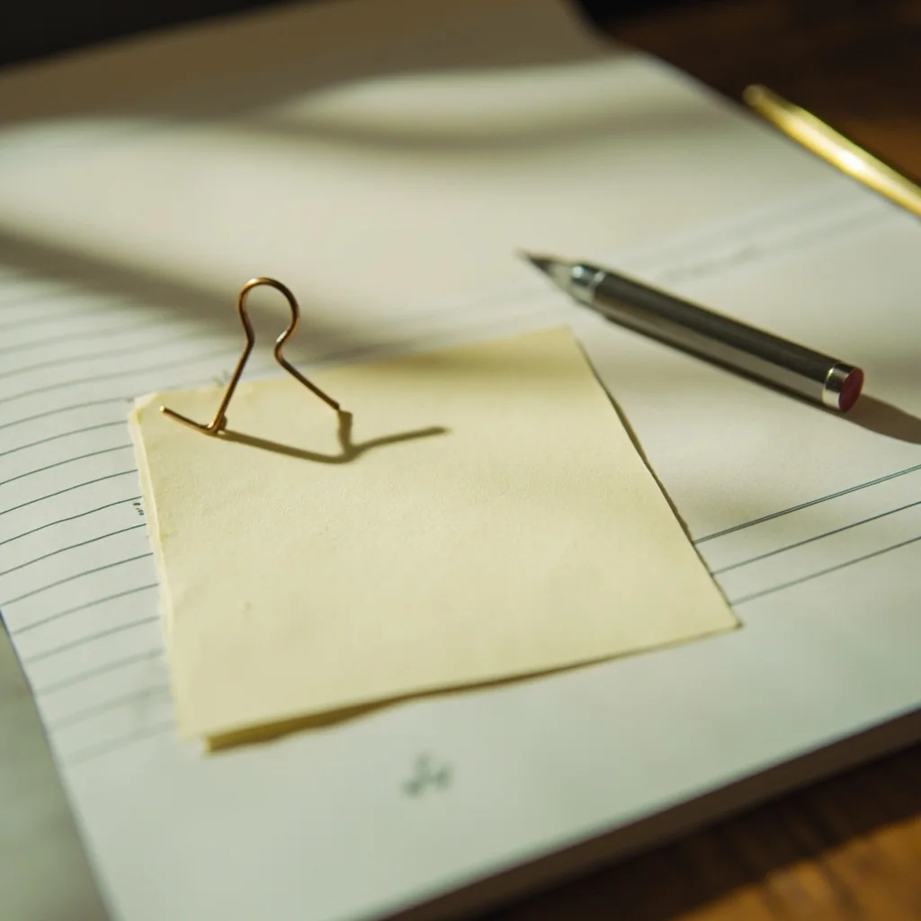 A blank paperclipped note on a ledger with a pencil and one facedown card