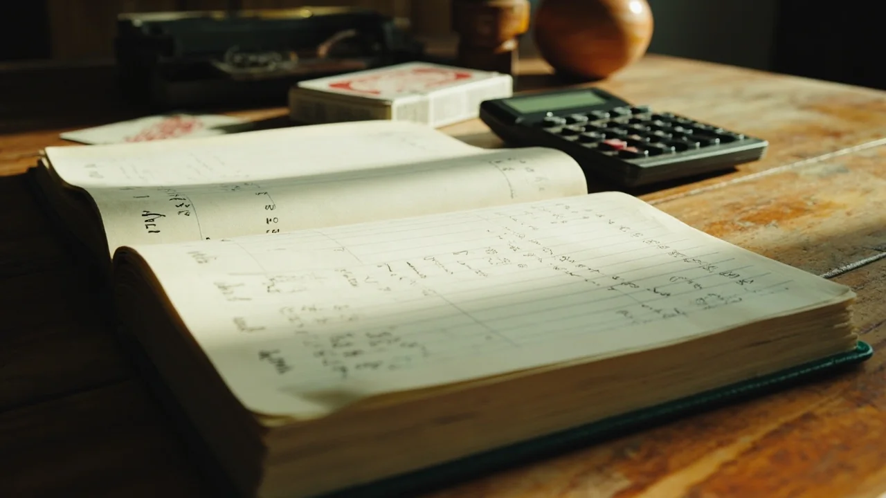An open cloth ledger with a calculator and a boxed deck on a wooden desk