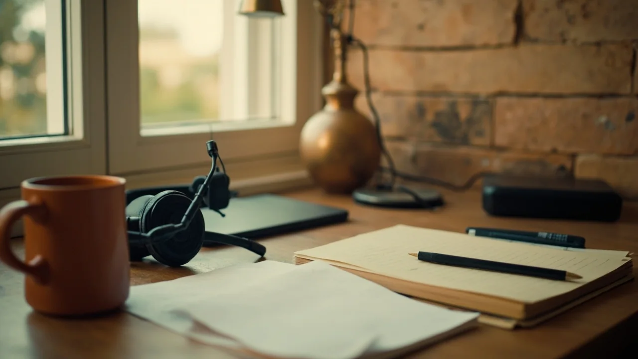 A quiet support desk with a headset, blank notepad, terracotta mug and unlit lamp