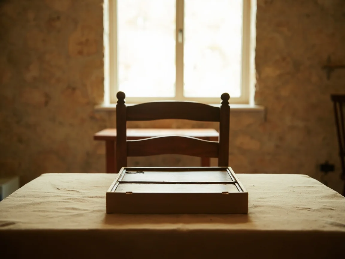 An empty wooden chair pulled back from a cleared table with a boxed deck