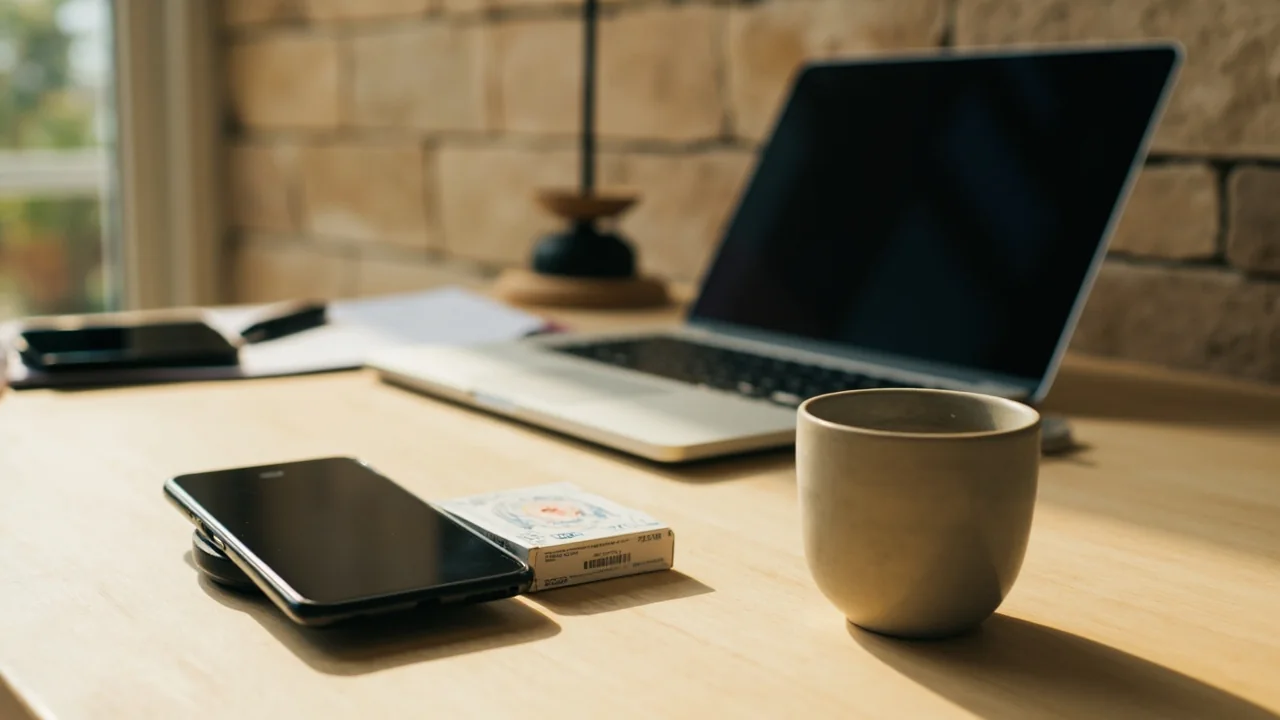 Home office with closed laptop, phone on a charging puck, boxed deck and ceramic cup
