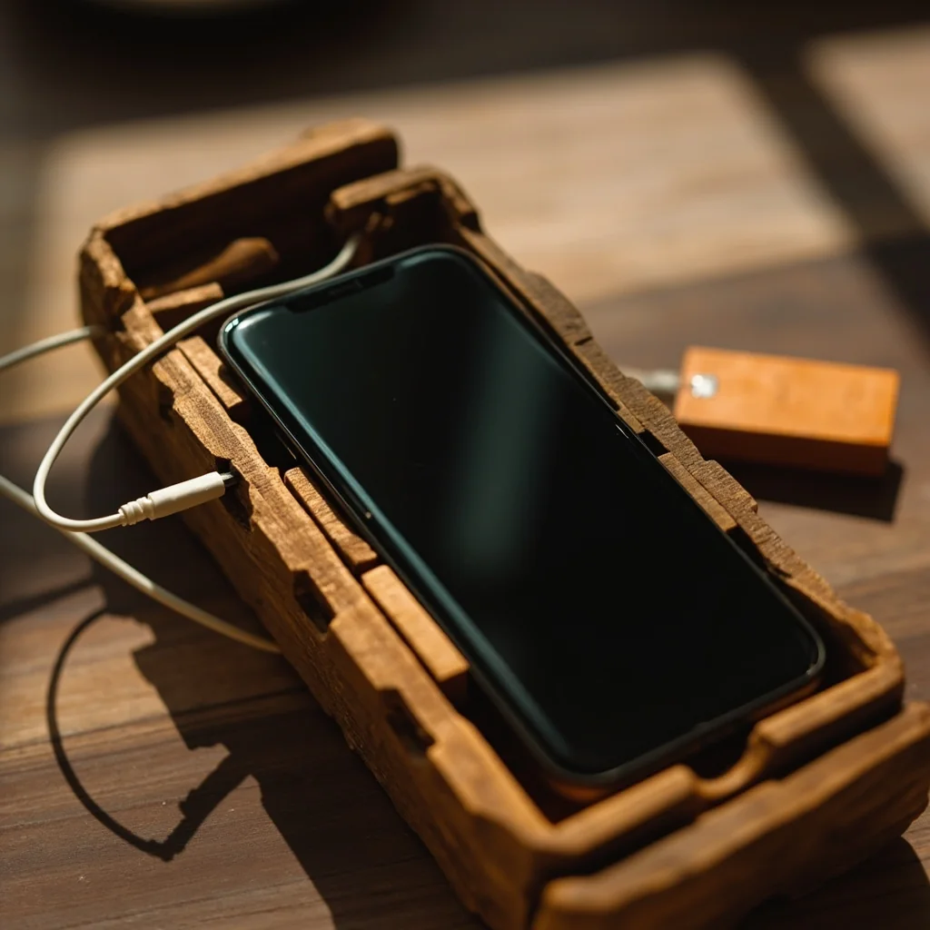A phone resting in a carved wooden cradle with a coiled cable