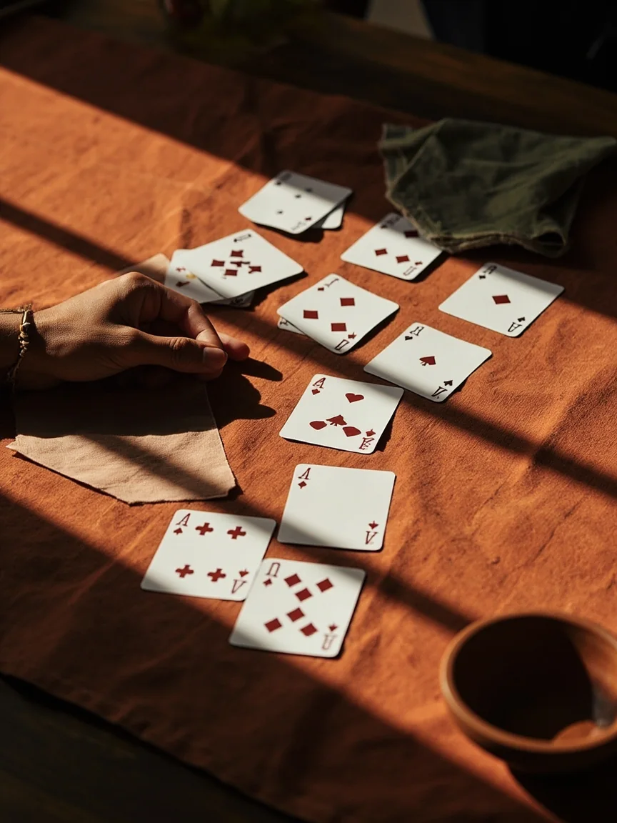 A thirteen-card rummy layout on a rust linen runner over dark walnut