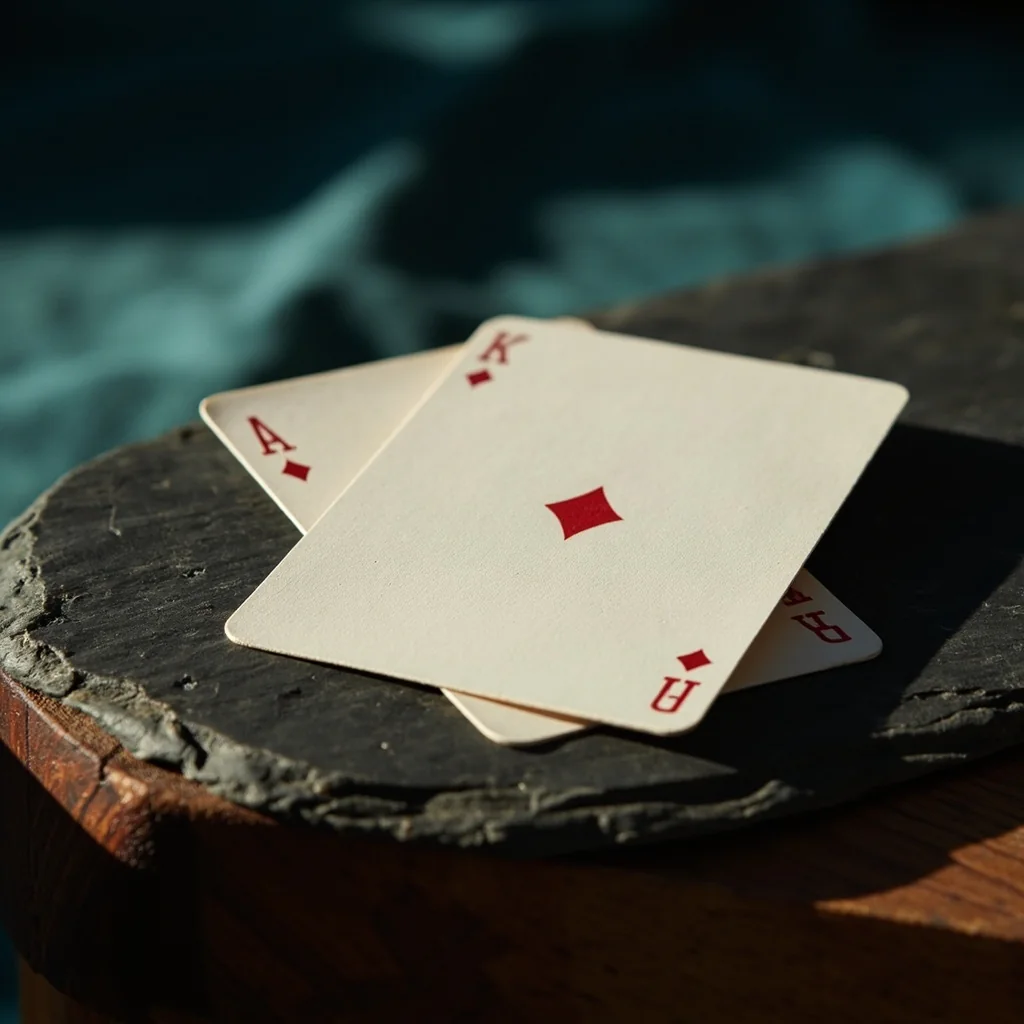 Two extra cards isolated on honed slate with a blurred walnut edge