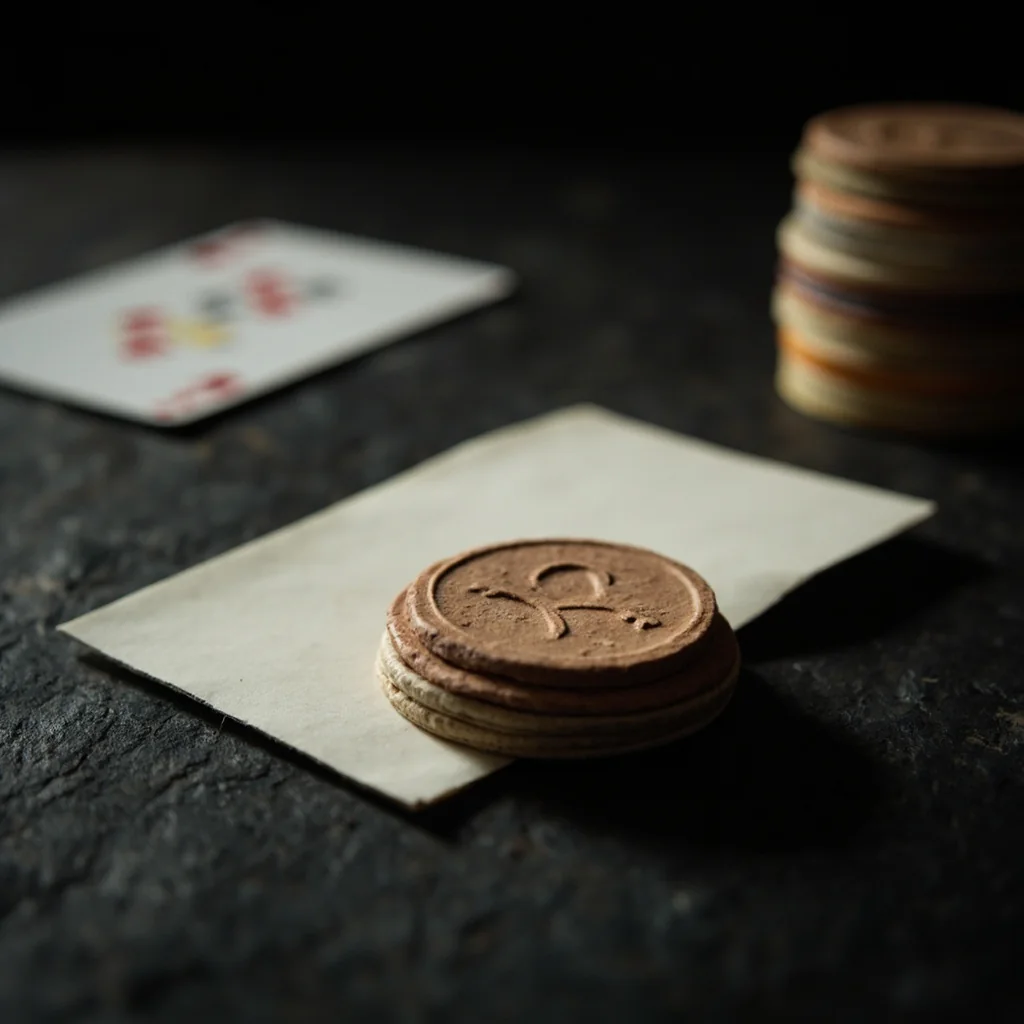 Unglazed clay scoring tokens and a folded blank paper slip on dark slate