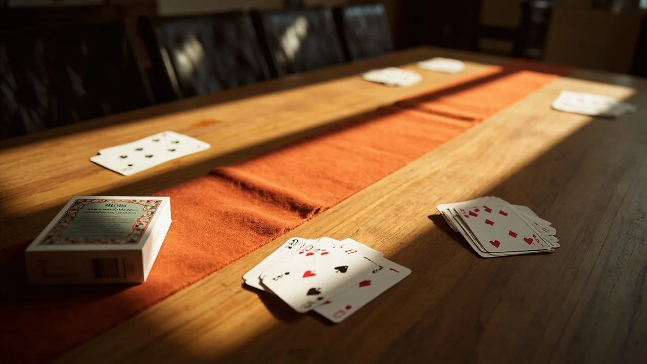 Two play areas on one long walnut table suggesting different rummy formats
