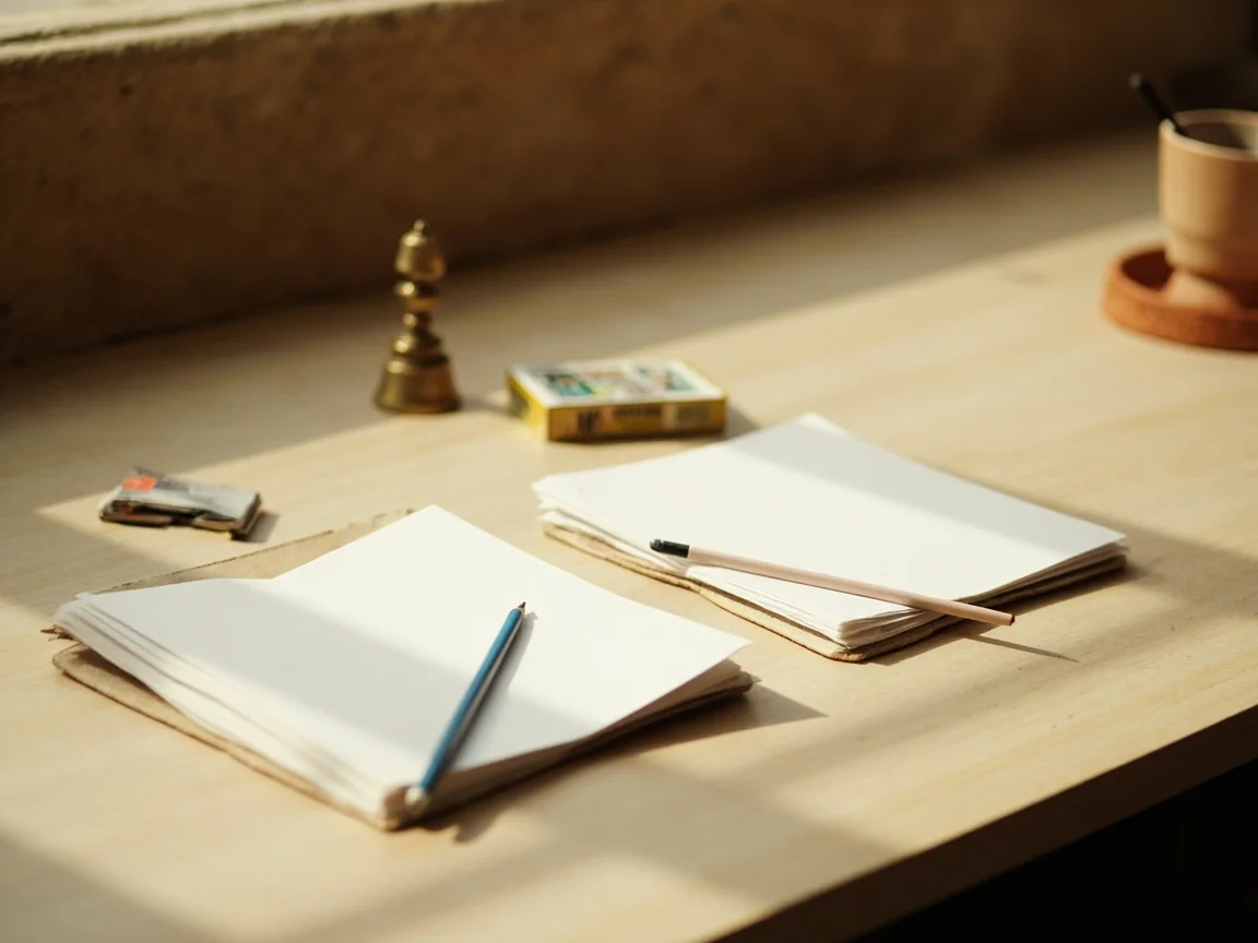 A pale oak desk with two closed notebooks, a pencil, a boxed card deck and a ceramic cup