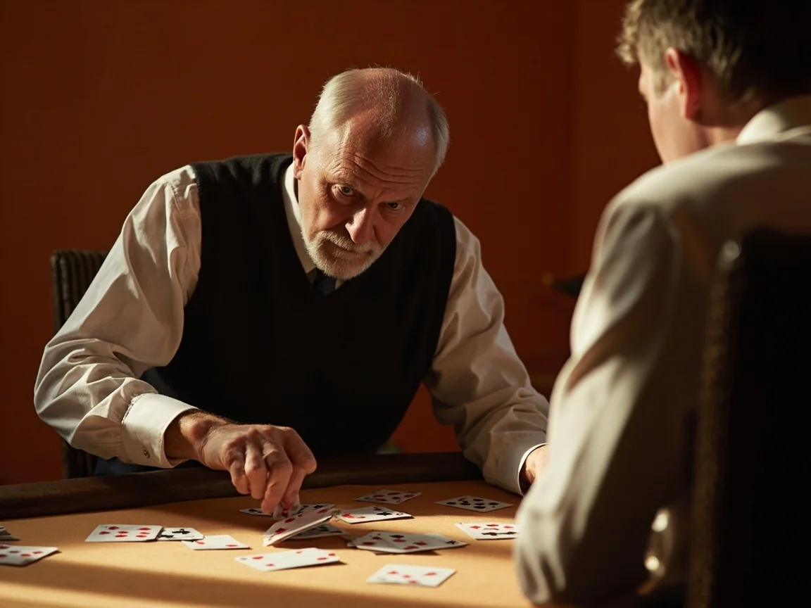 An adult laying completed melds while a second player watches calmly