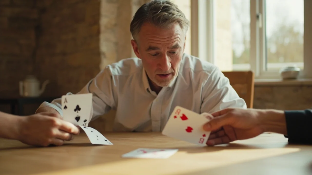 An adult dealing cards across a pale oak table toward two receiving hands in window light