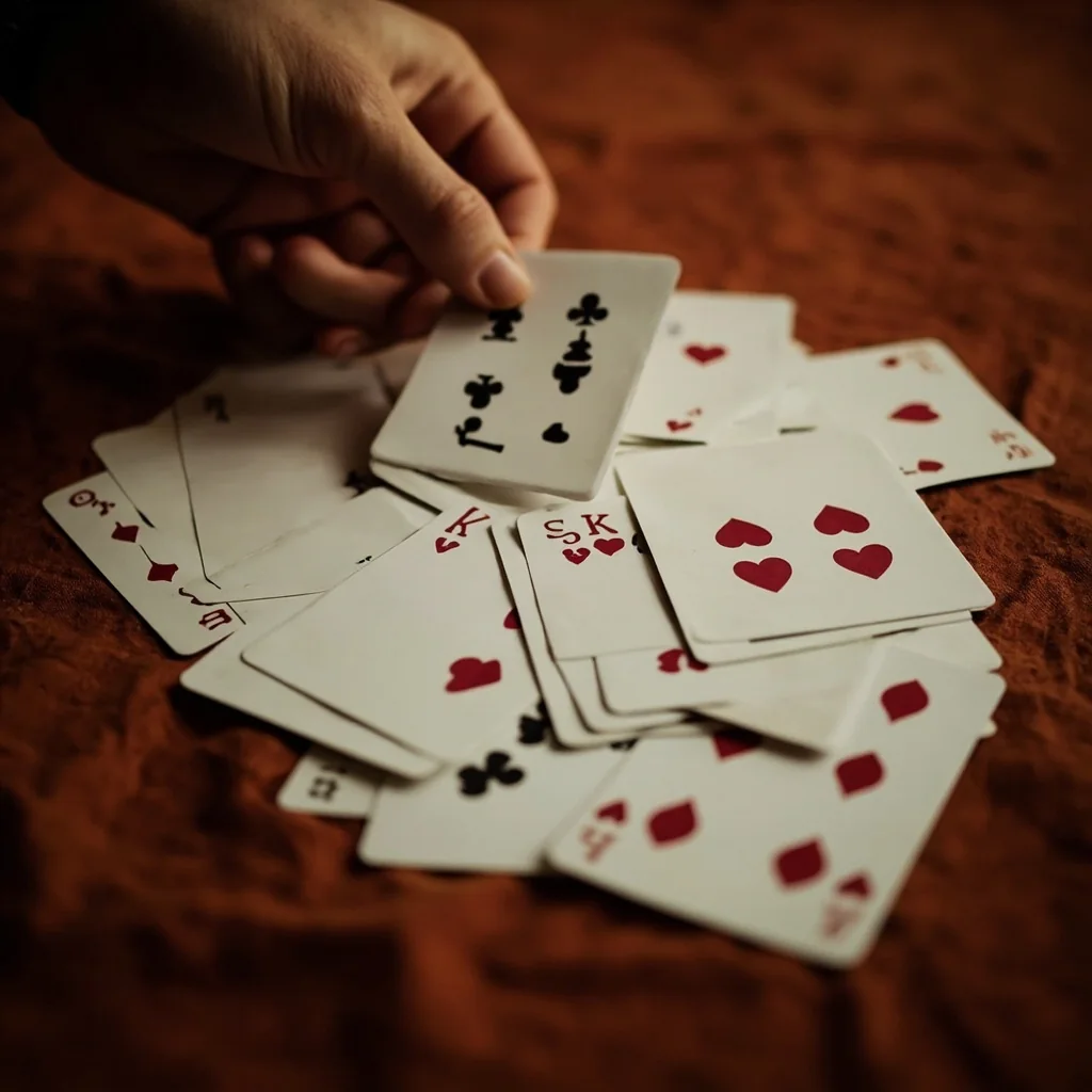 A same-suit run of cards laid in a gentle arc on rust linen