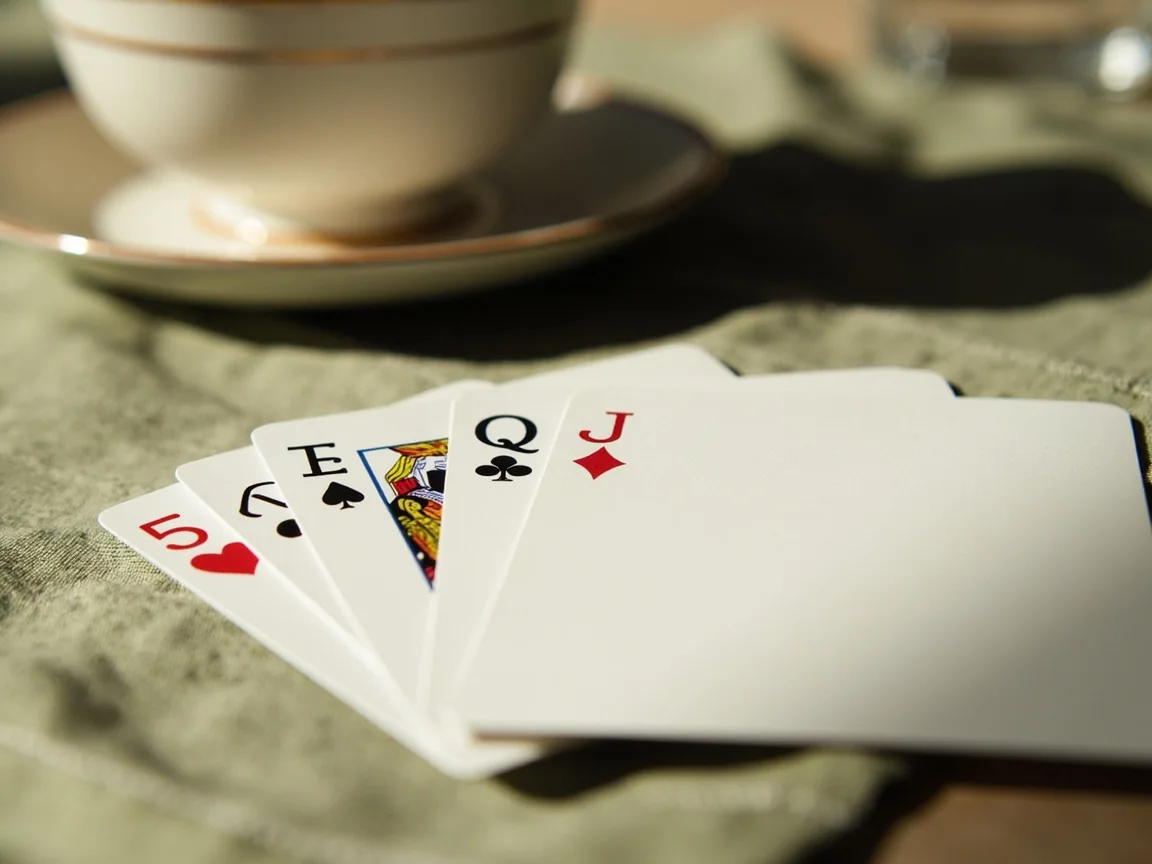 Three matching-rank cards grouped as a set beside a fanned hand on pale oak