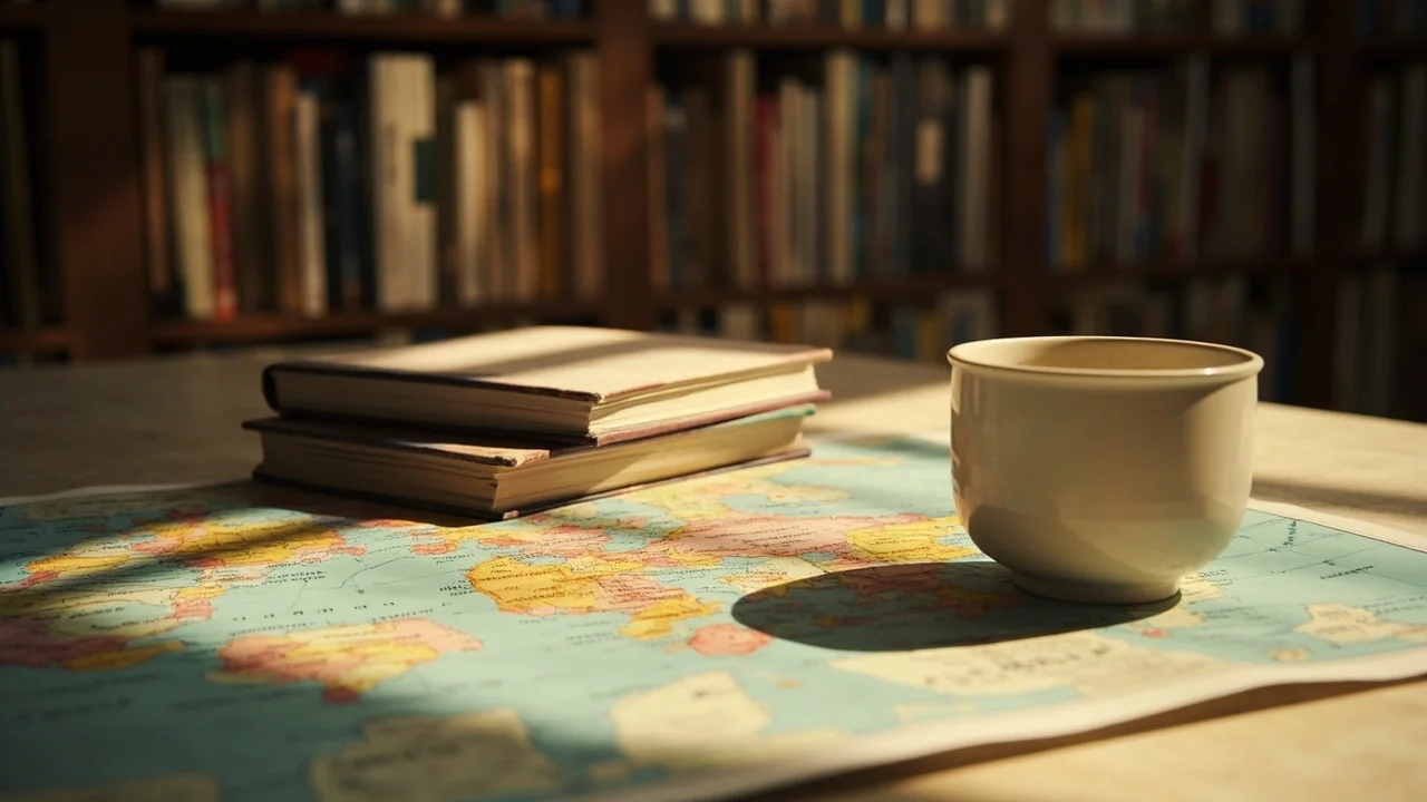 A sunlit library table with unmarked cloth-bound books