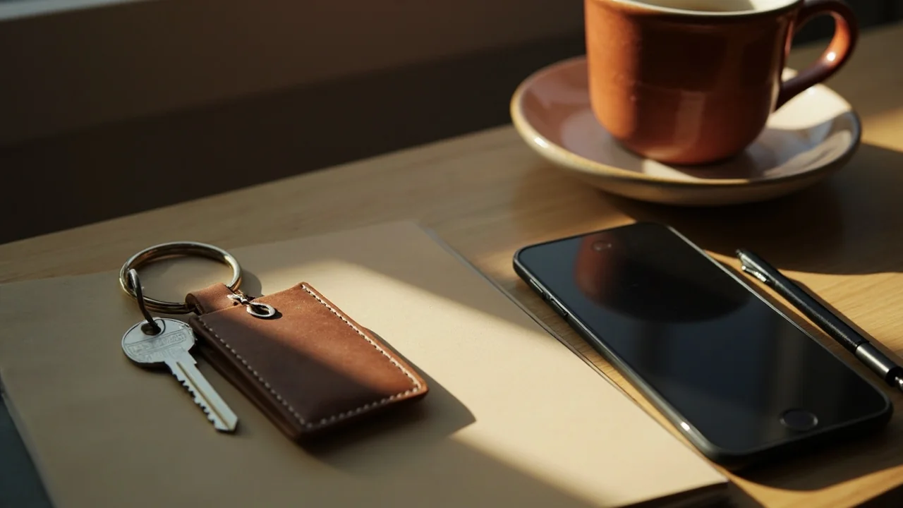 Morning sideboard with a house key, closed notebook, dark phone and terracotta cup