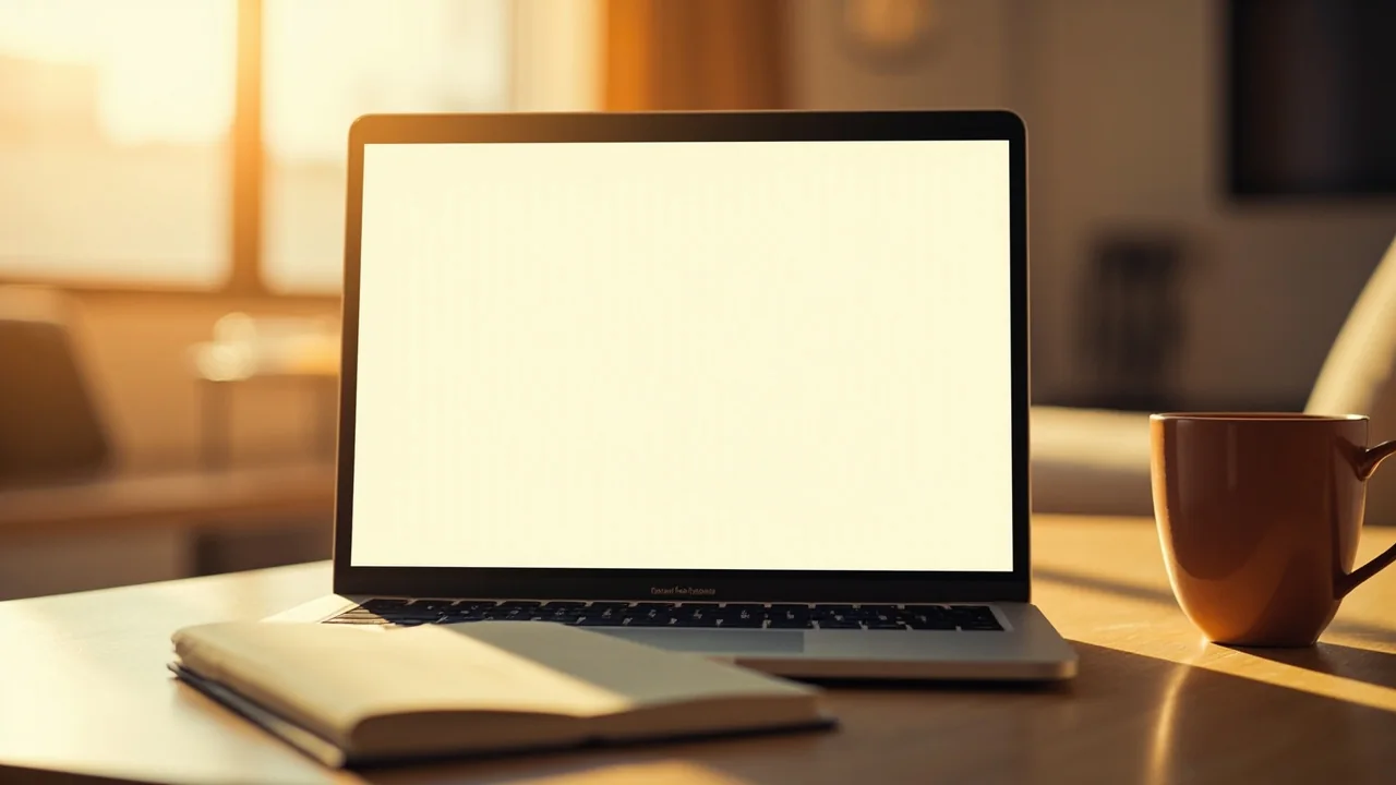 A laptop on a home desk showing a warm blank screen beside a notebook and a terracotta cup