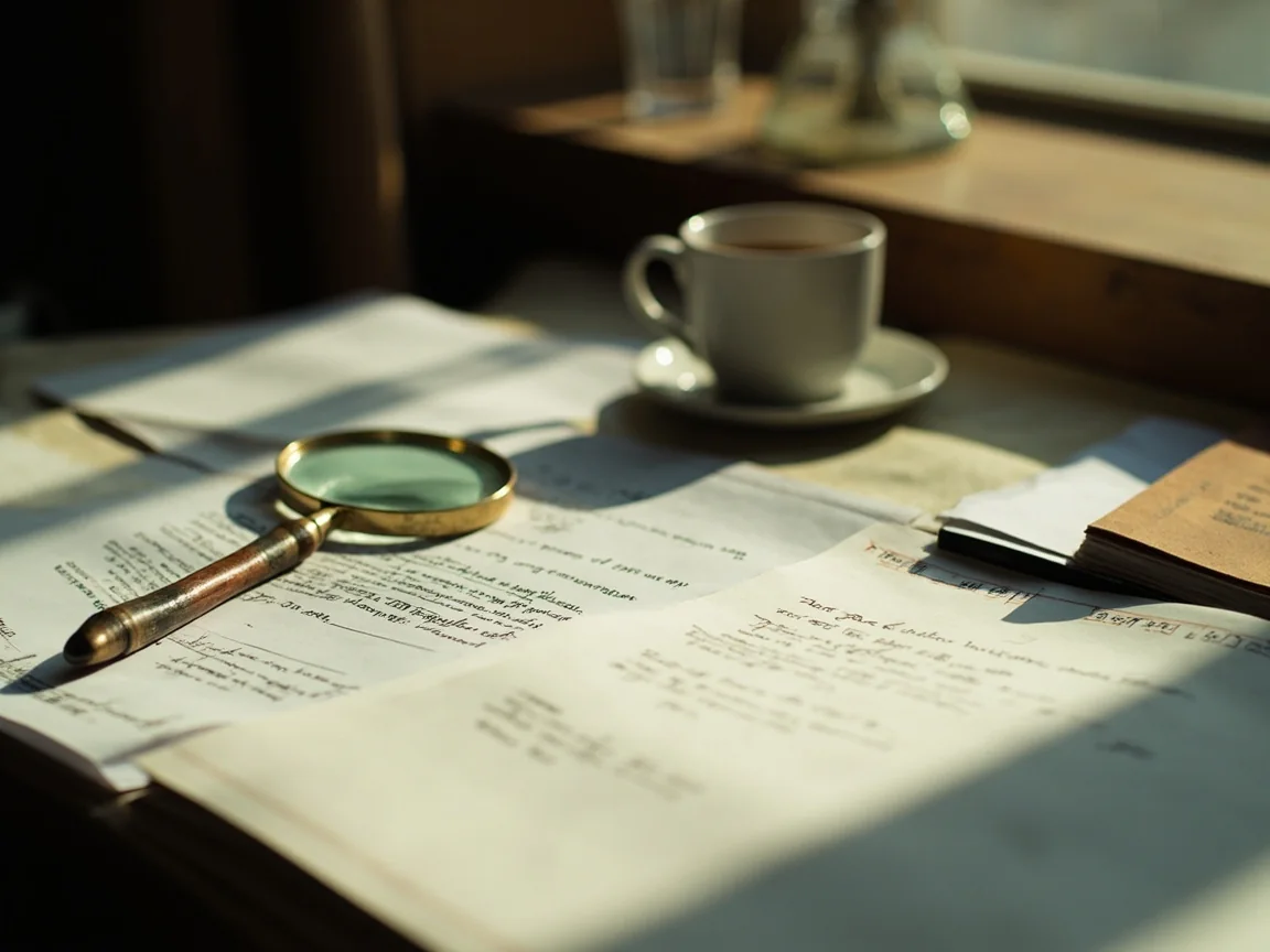 A researcher desk with facedown filings, a brass magnifier, a notebook and tea