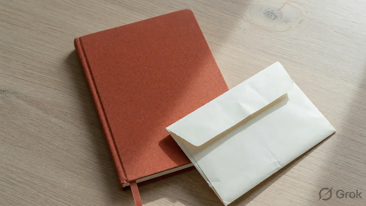 A closed cloth notebook and a blank paper sleeve on pale oak