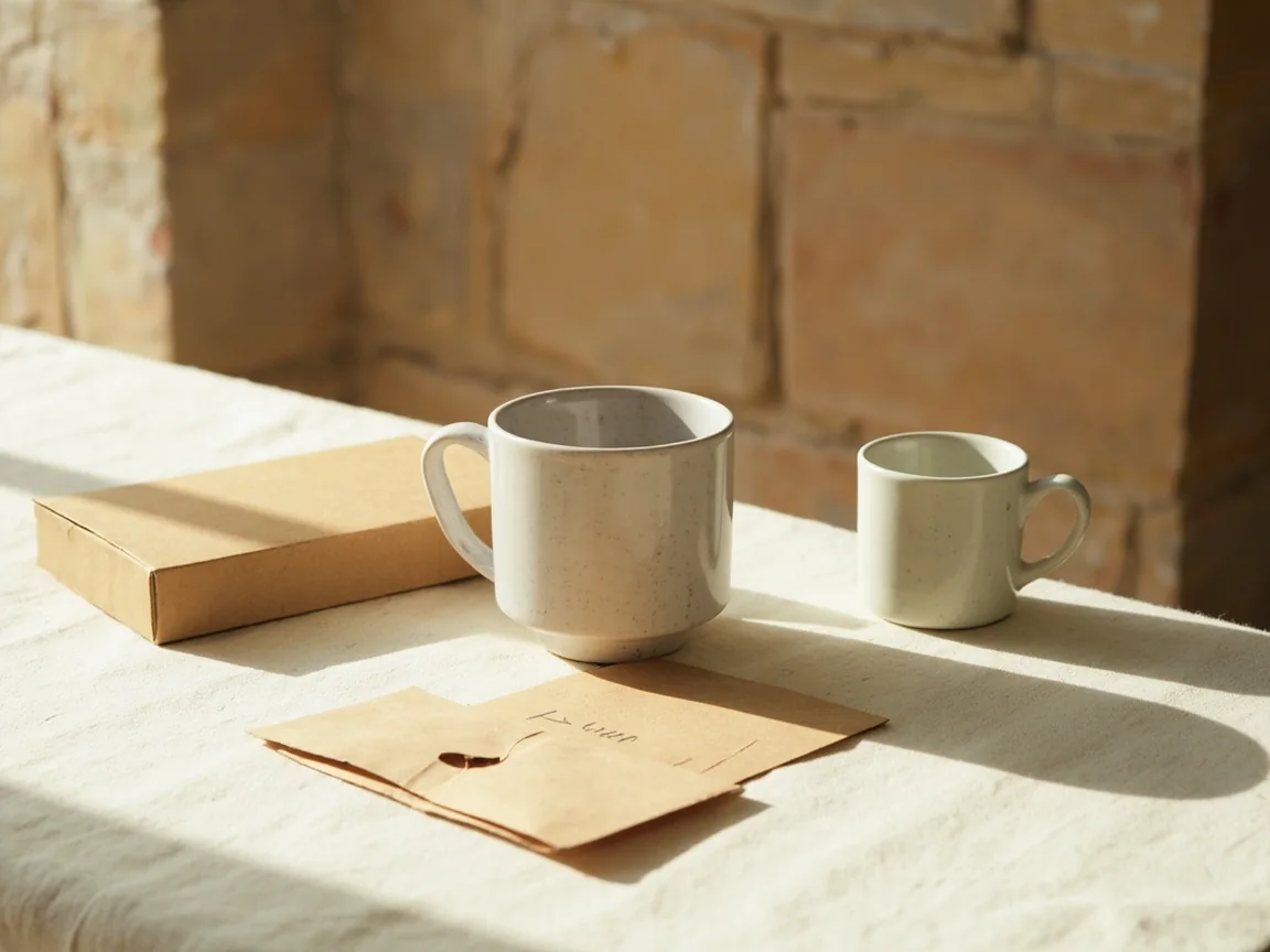 Two ceramic cups and a kraft envelope beside a spare boxed deck on linen