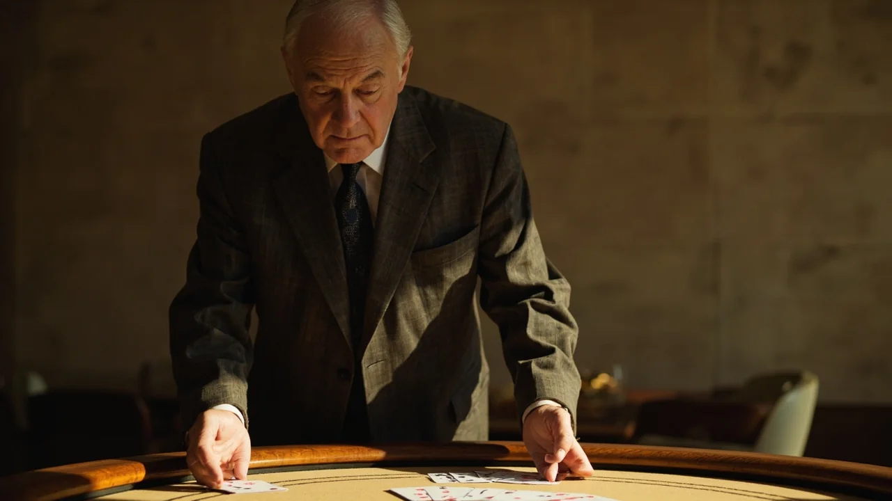 An adult standing up from a rummy table with one palm covering facedown cards
