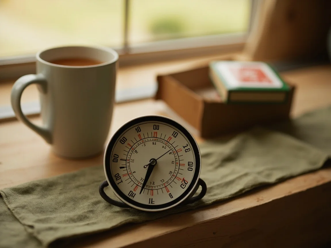A small kitchen timer beside a cooling cup of tea and an unused boxed deck