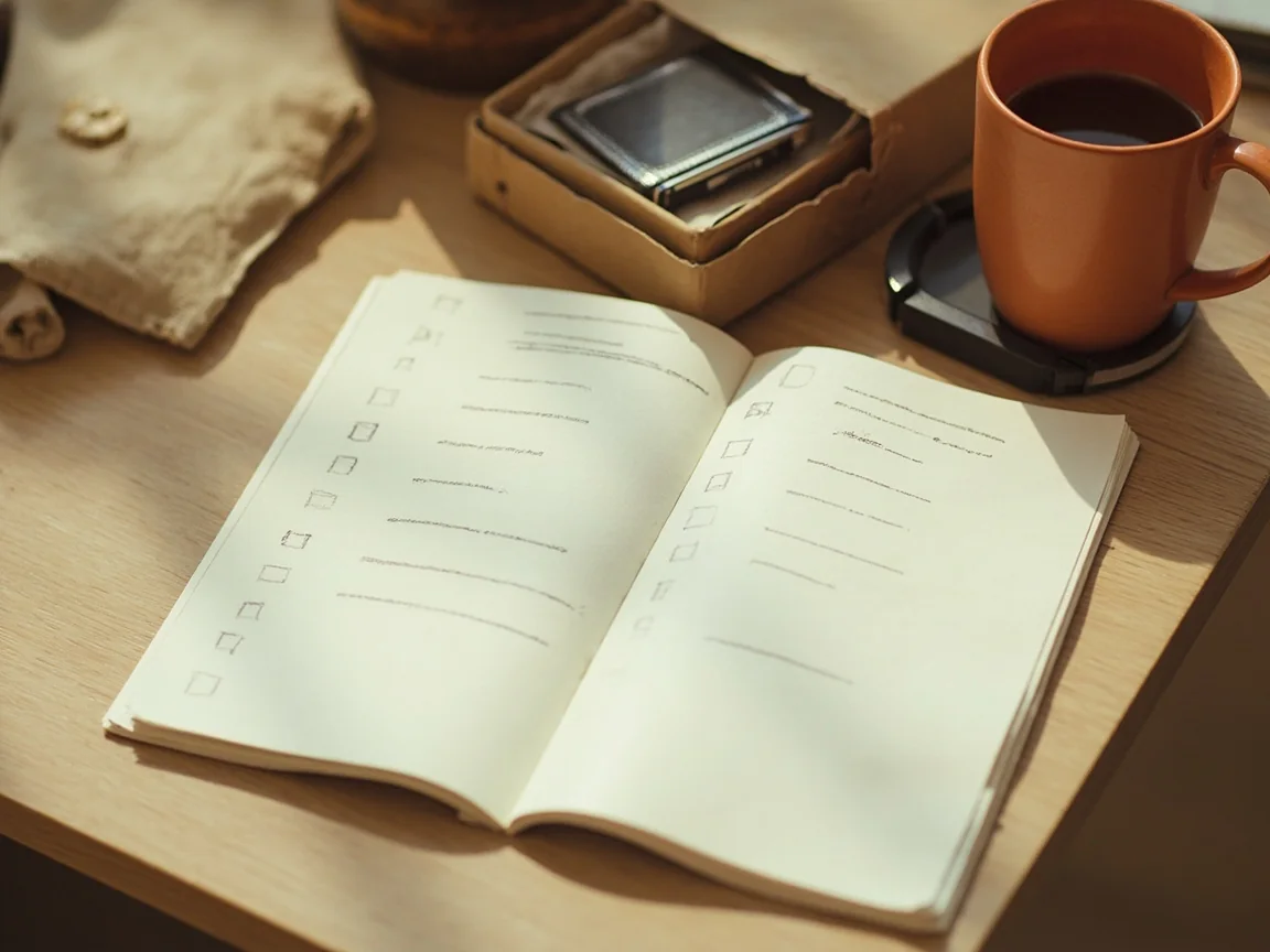 An open notebook with faint unlabelled checkbox rows, a wallet and a boxed deck