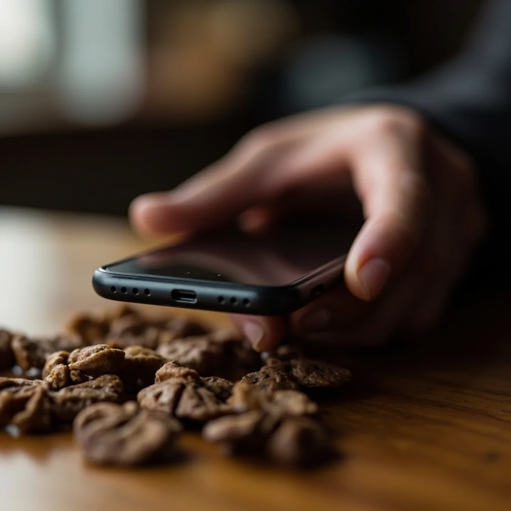An adult hand setting a dark smartphone face-down onto walnut
