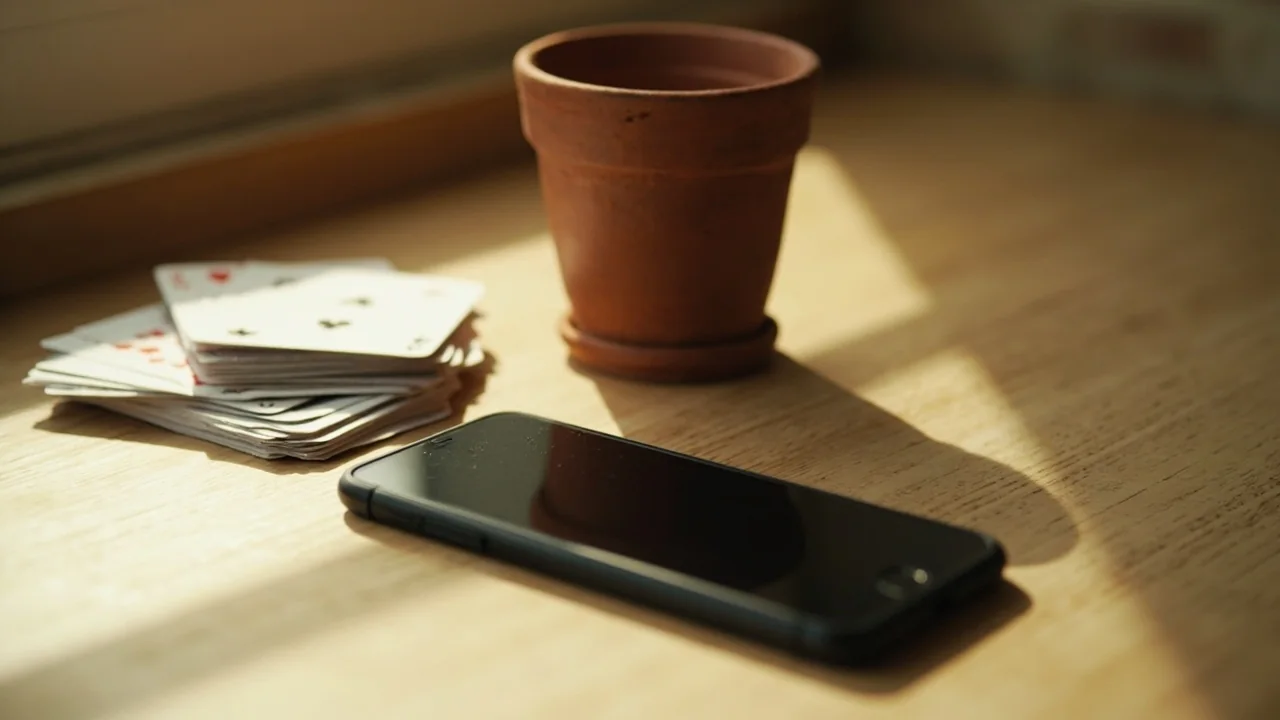 A dark smartphone lying face-down beside a loose hand of cards and a terracotta cup