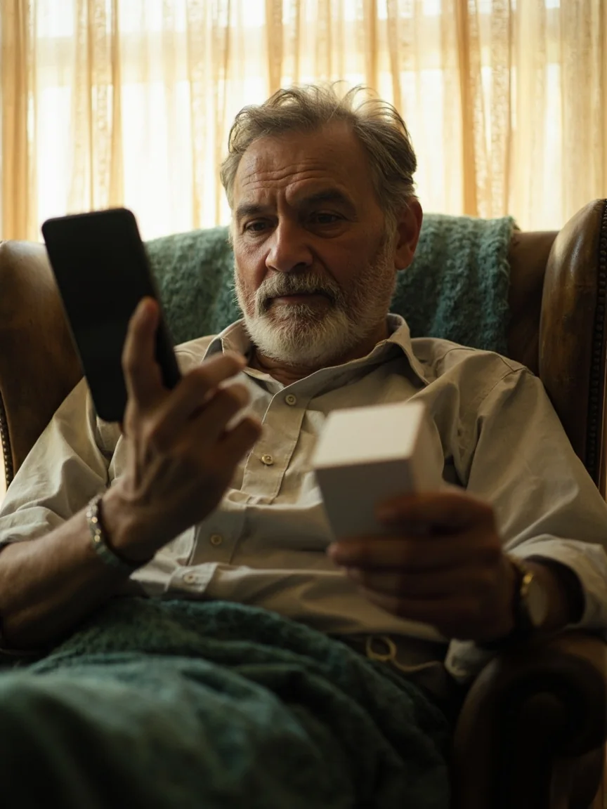 An adult sitting in a sunlit armchair holding a dark phone with a small card box on the side table