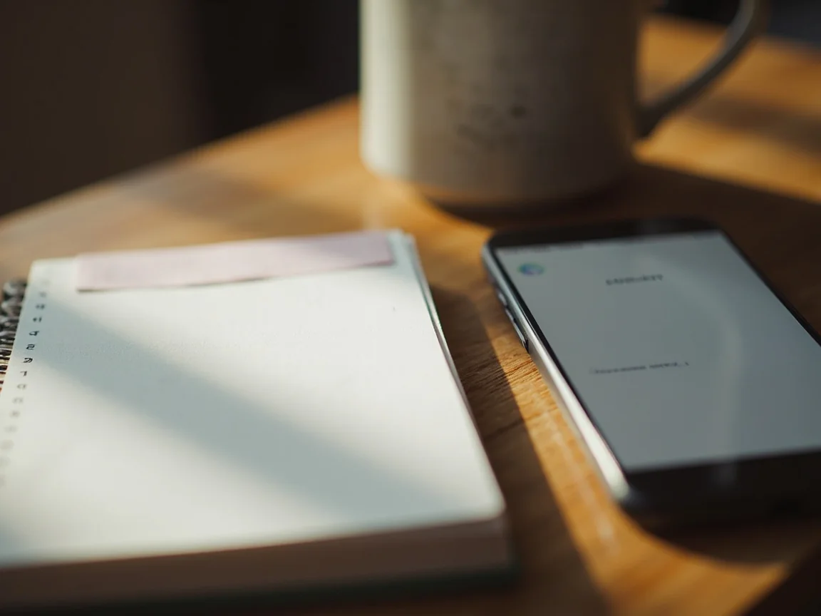 A closed notebook and a phone showing only a soft glow