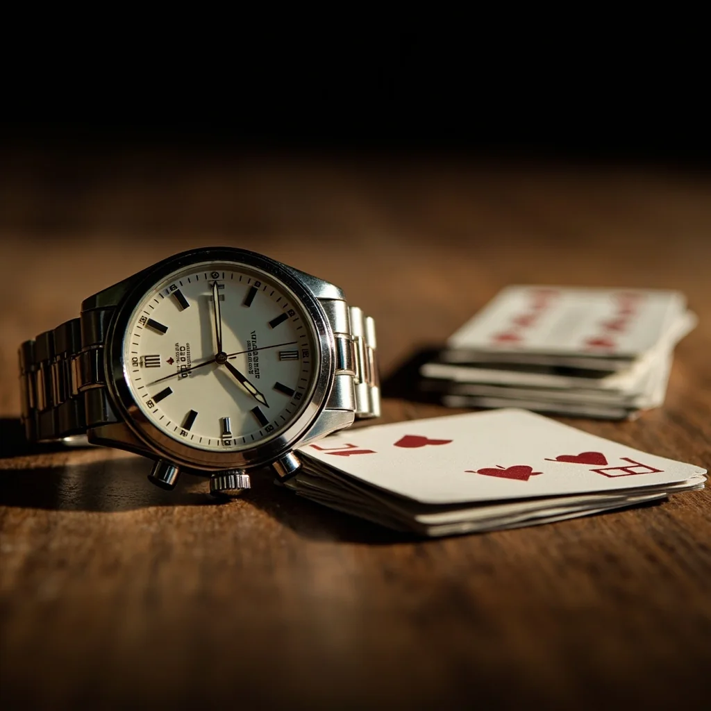 An analog wristwatch beside a short discard pile