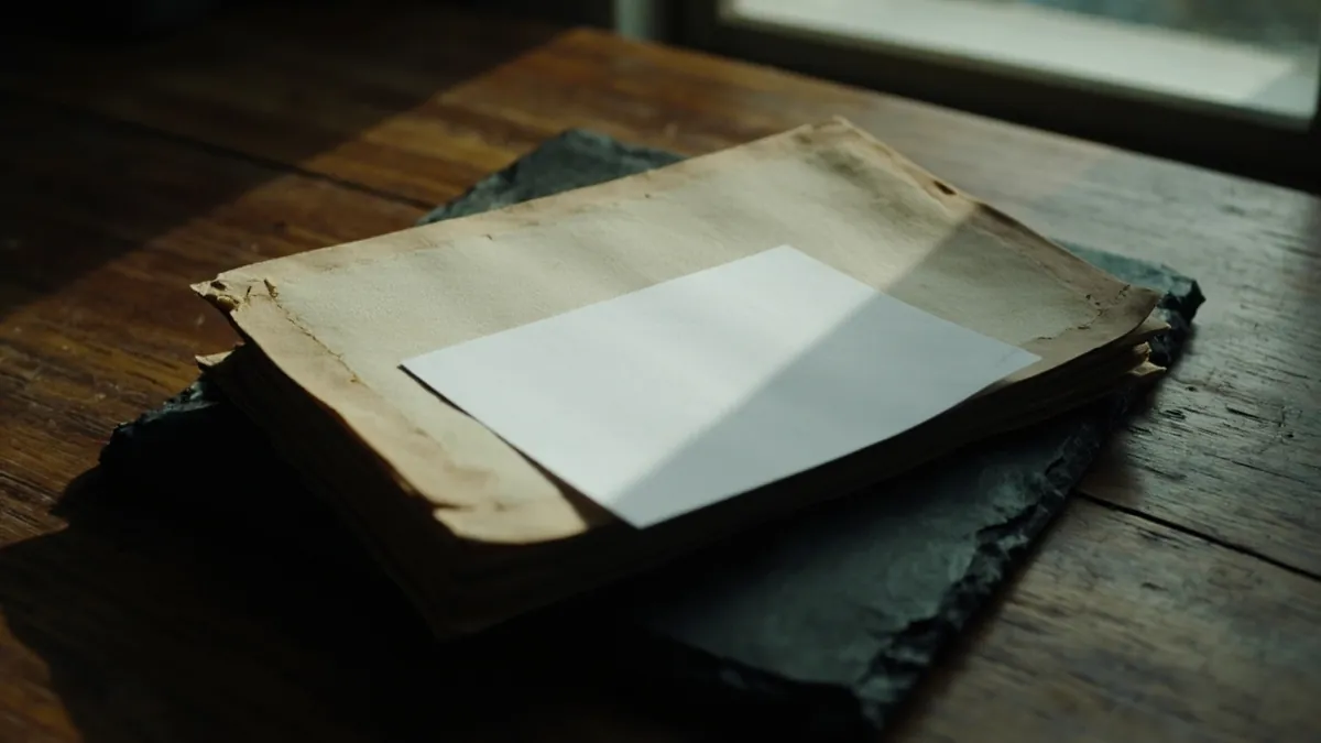 A closed cloth-bound passbook and a blank card on a slate tray