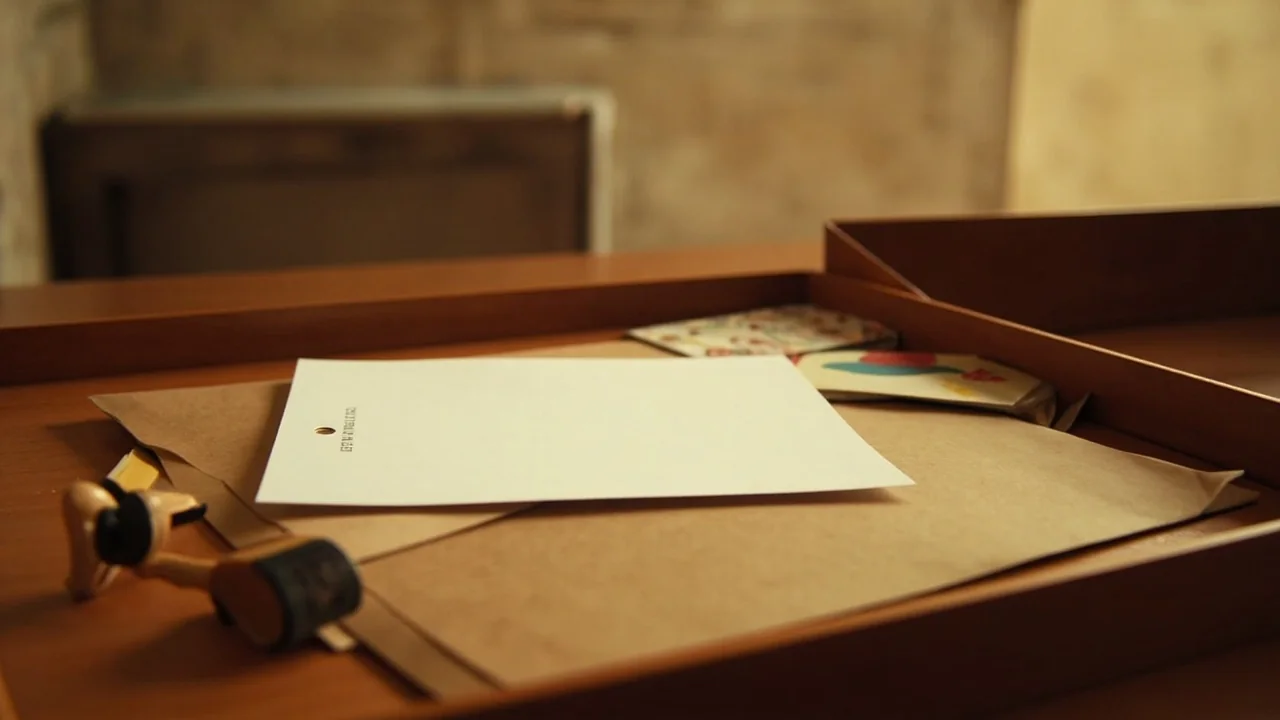 A wooden verification desk with a closed folder, a blank sleeve and a boxed deck