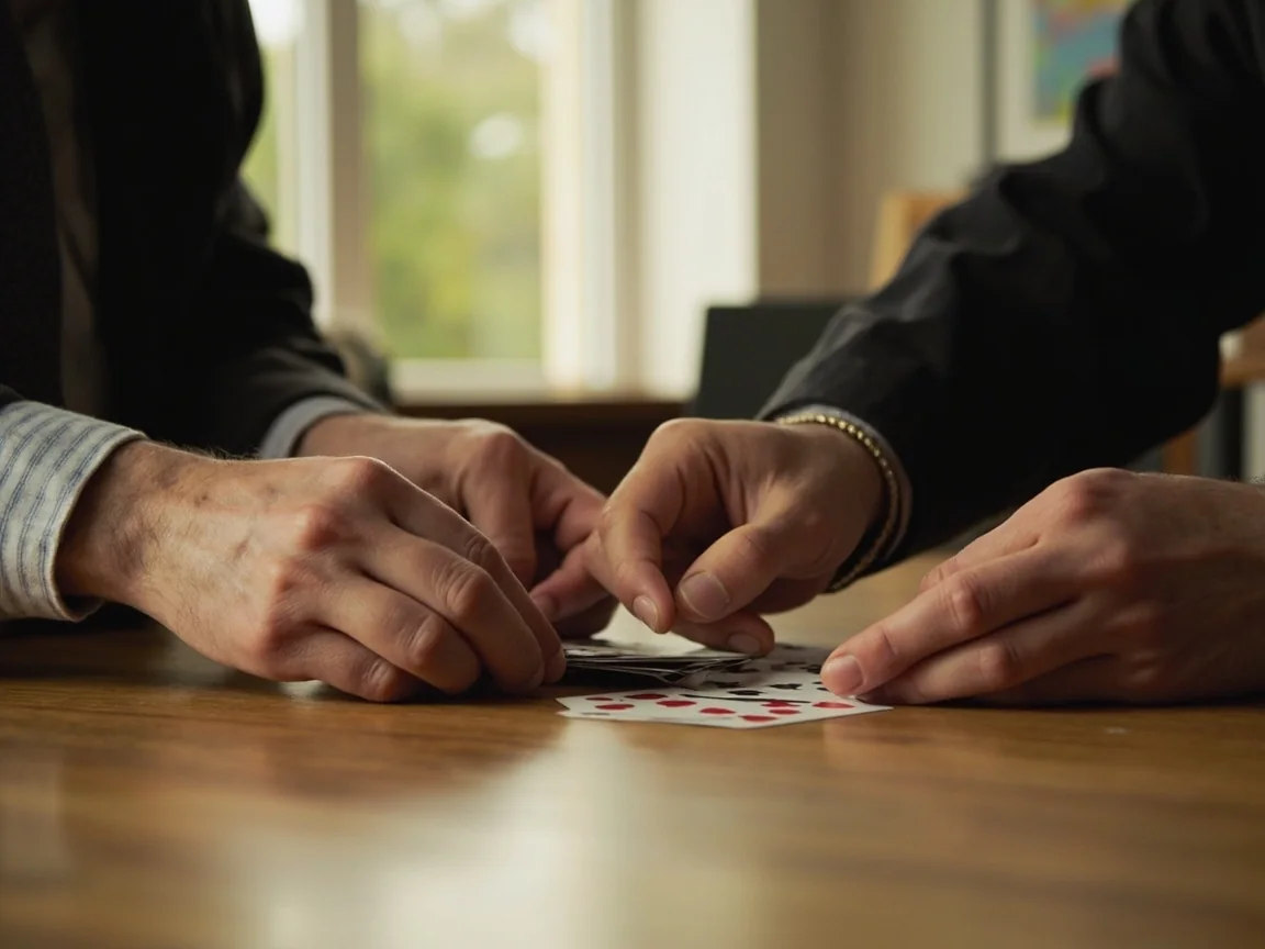 Two adult hands mid-shuffle over a pale oak table