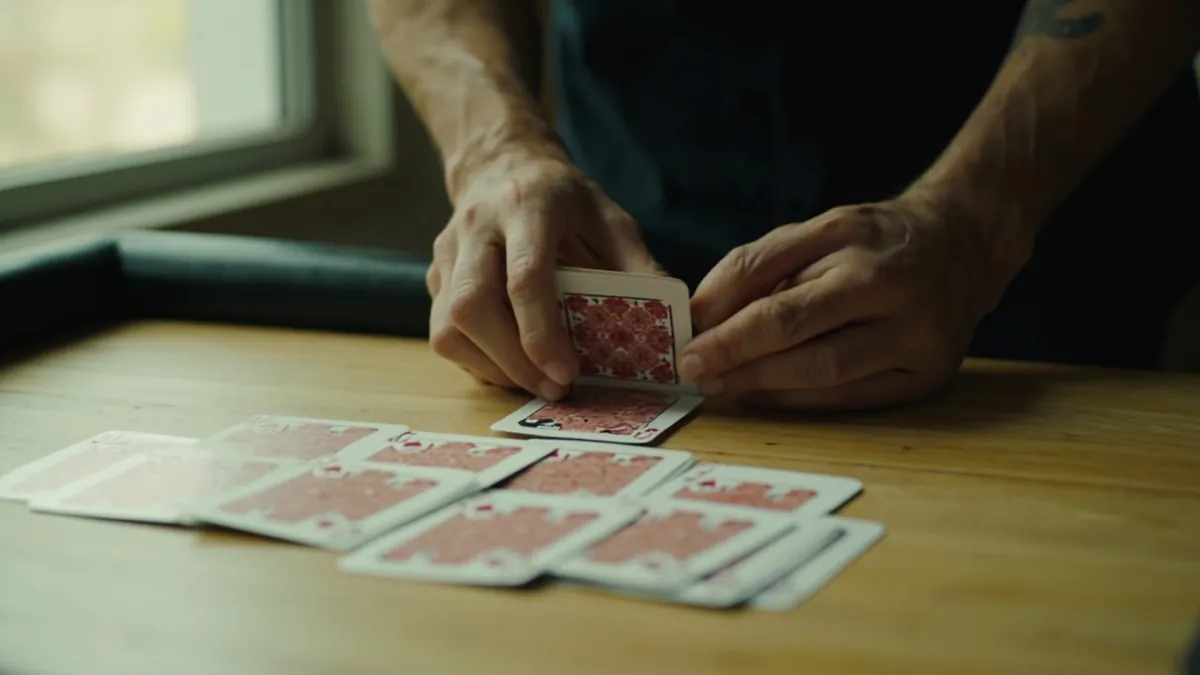 An adult pausing with one card held above a short discard pile