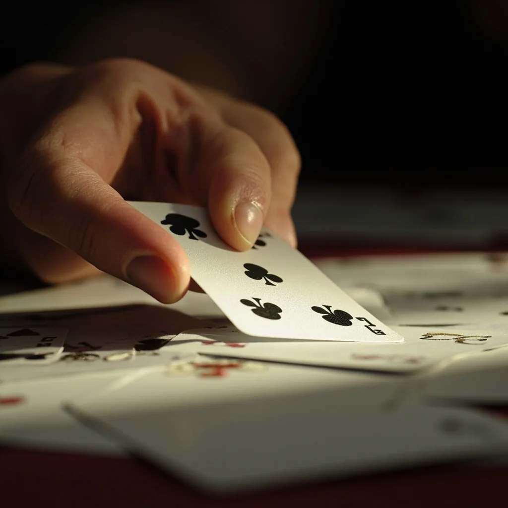 A hand holding a single middle-rank card just above the table plane