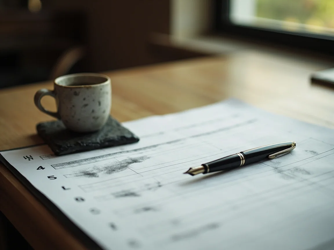 A fountain pen on a scoring sheet with only soft graphite smudges beside a ceramic mug