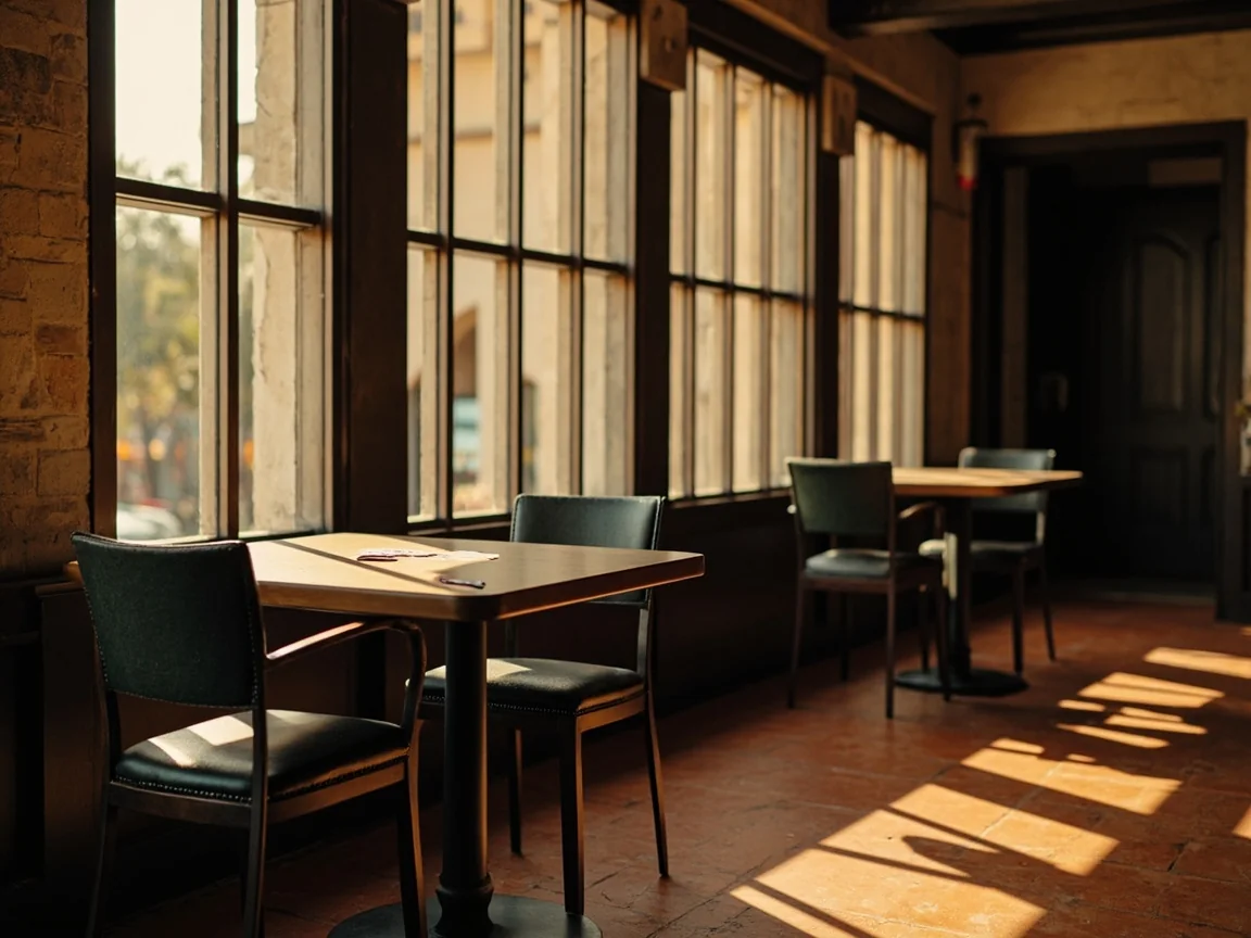 A quiet club room with two empty table settings at different distances