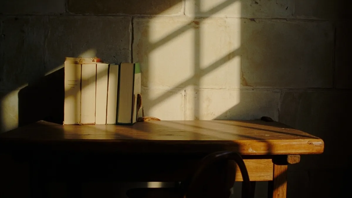 A library table with unmarked cloth-bound books and an empty chair