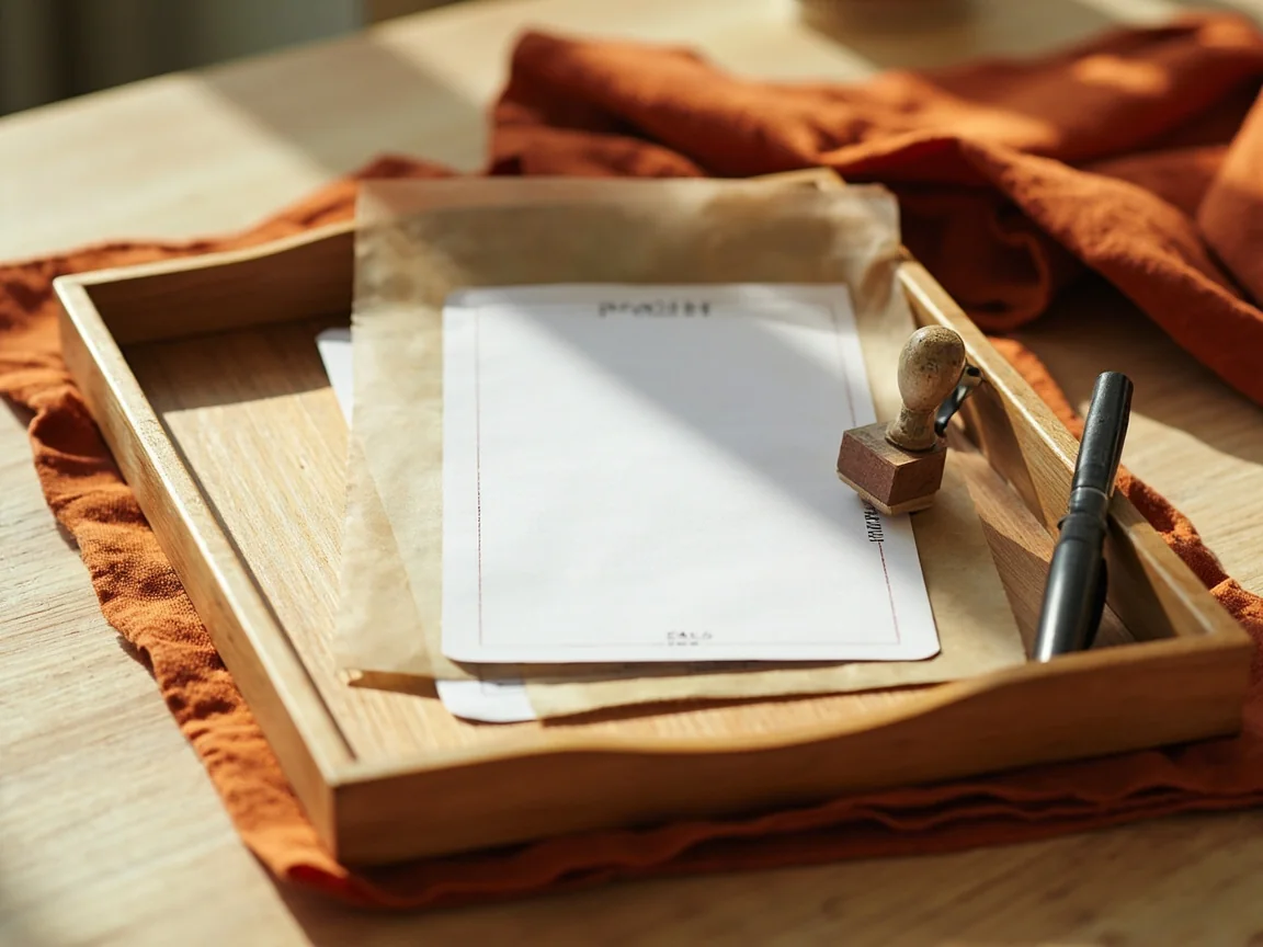 A wooden tray holding blank identity-sized sleeves, a stamp and a pen
