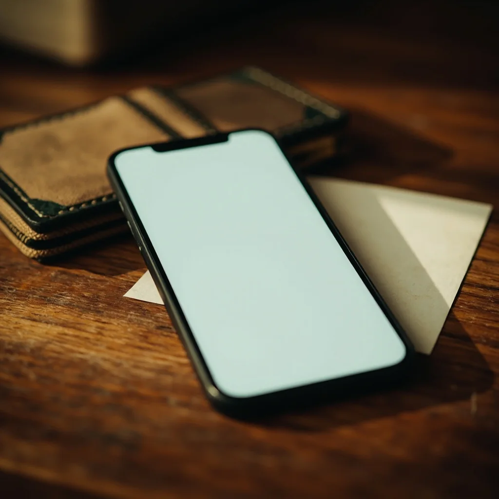 A phone showing only a soft unreadable glow beside a blank slip and a closed wallet
